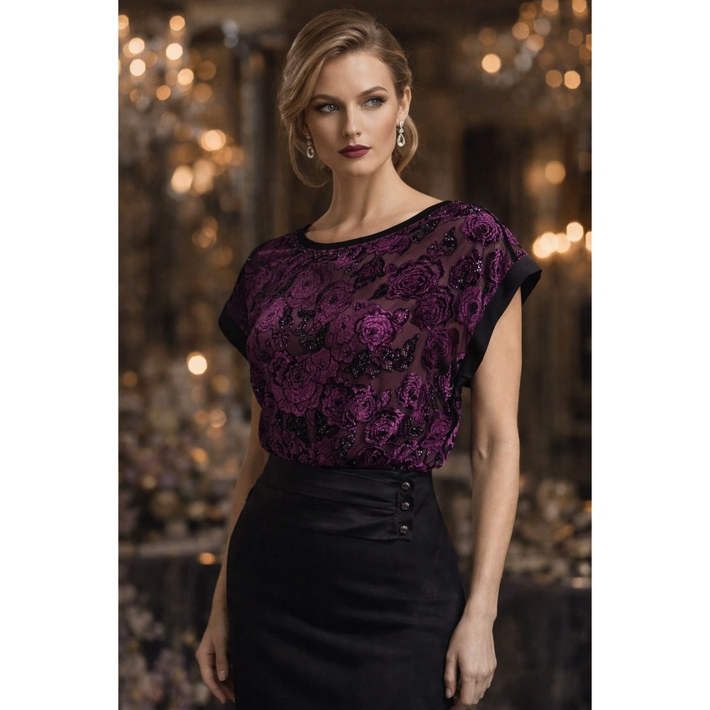 Escada Silk Burnout Floral Top Women 40 US 8/10 Purple Black Metallic Sheer VTG